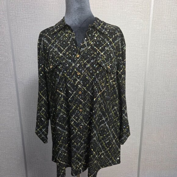 NWT Emily Daniels Green & Black Blouse with Placket Sleeve Tiny Sequins (L) - Picture 1 of 9